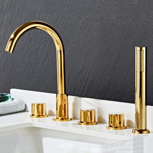 Juego de cabezal de ducha, toque de baño de 5 agujeros negros+toques de baño dorados con ducha 360 grifo giratorio Taps de doble baño palanca Tapón de baño con ducha, oro Aqiong
