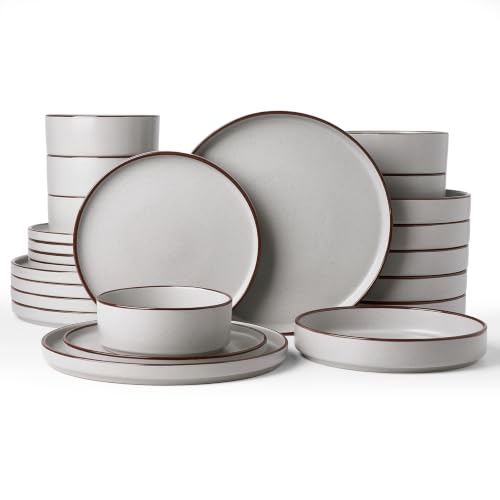 Image of Famiware Nebula Ridge 24-Piece Dinnerware Set with Pasta Bowls, Light Gray