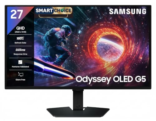 Samsung 27" Odyssey QD-OLED G5 Gaming Monitor (Smartchoice) |QHD 2560 x 1440|180 Hz|0.03ms|Pantone-Validated|G-Sync|Free Sync|Glarefree|Ports-DP,HDMI,Headphone|1 Billion Color| LS27FG502SWXXL|Black - Image 2