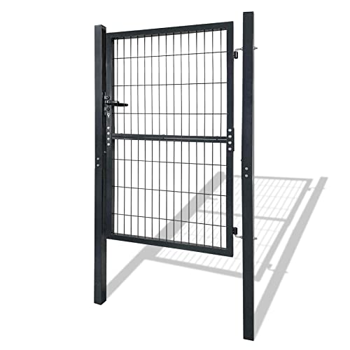 Froadp Puerta de jardín galvanizada, 150 x 100 cm, con cerradura, picaporte y llave, valla de jardín para puerta de entrada y almacenes de construcción, gris oscuro