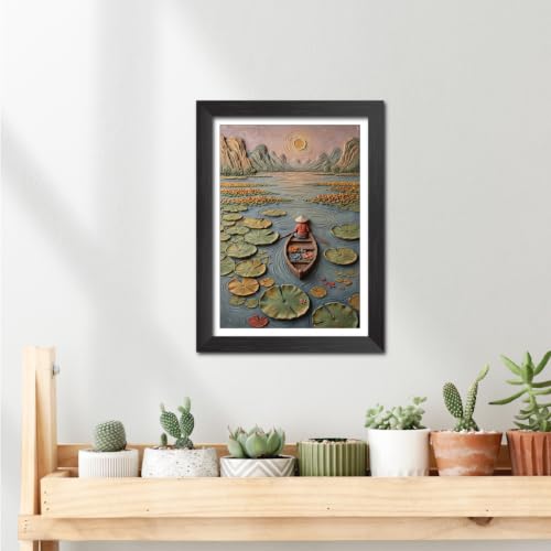 Image of TenorArts Boat on the Lake Art 3D Clay Textured Digital Art Print Photo Frame, Modern Art Abstract Painting For Bedroom Living Room Home and Cafe Decor | Minimal Drawing Black Framed Posters for Decoration (9x12 inches) [CL-S01]