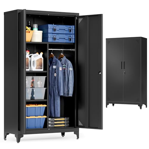 SONGMICS Armoire Polyvalente, Meuble de Rangement, Métallique, avec 2 Portes, 5 Compartiments, Tringle de Penderie, Verrouillable, Pieds Hauts, 80 x 40 x 165 cm, Noir...