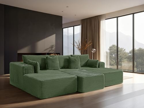 Image of 108 inch Cloud Sectional Couch, Comfort Sleep Sofa for Living Room, Extra Deep Seats No Assembly, Minimalist Modular Couch, Corduroy (Olive Green, Widen Loveseat Chaise)