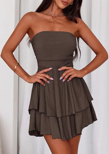 Image of PRETTYGARDEN Women's 2026 Summer Strapless Tube Mini Dress Off Shoulder Smocked Ruffle A Line Flowy Short Party Club Dresses