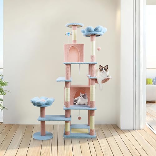 Montary Torre para Gatos de 71 Pulgadas Multi-Nivel Azul y Rosa
