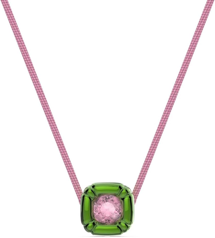 Swarovski Dulcis Necklace, Single Pink Crystal in a Bright Green Setting on a Braided Cord, part of the Dulcis Collection