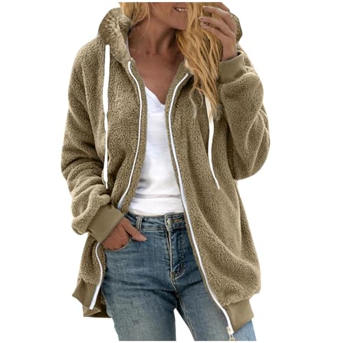 Fleece Sherpa Jacket for Women Casual Zipper Hooded Outerwear Loose Long Sleeve Coat Fuzzy Faux Fur Teddy Jackets