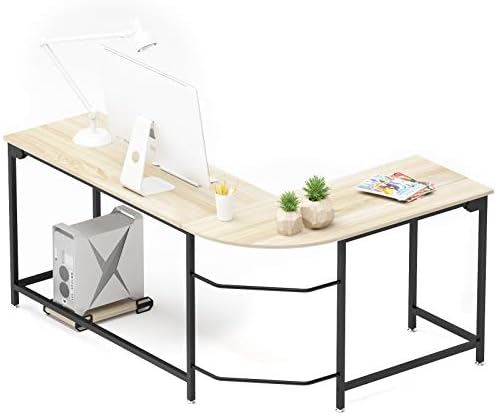Hago Modern L-Shaped Desk Corner Computer Desk Home Office Study Workstation Wood & Steel PC Laptop Gaming Table (Large, White+Gold Frame)