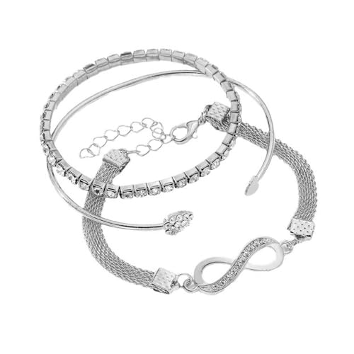 Shienfir Conjunto de 3 pulseiras empilháveis de corrente multicamada, 3 peças, pulseiras para mulher, decoração de diamantes de imitação, símbolo infinito oco, coração, Metal, Pedra secundária