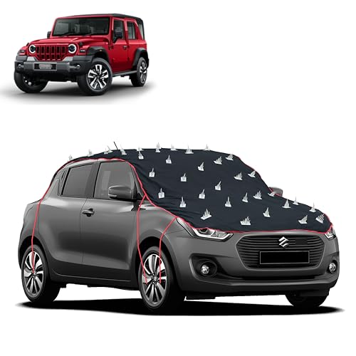Image of Dog Protection Spike Car Cover for Mahindra Thar Bonnet to Roof Easy Installation with 4 Elastic Hook Strap | Anti-Scratch Soft Cotton Inner | Complete Protection from Street Dogs & Monkeys