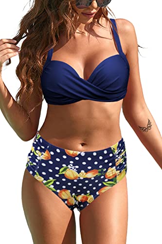 Rayson Mujer Bikini 2 Piezas de Playa Conjunto Halter de Baño Traje de Baño Push up ividido Color Sólido Beachwear Bañador(Lunares Azul Marino y Limón,L)