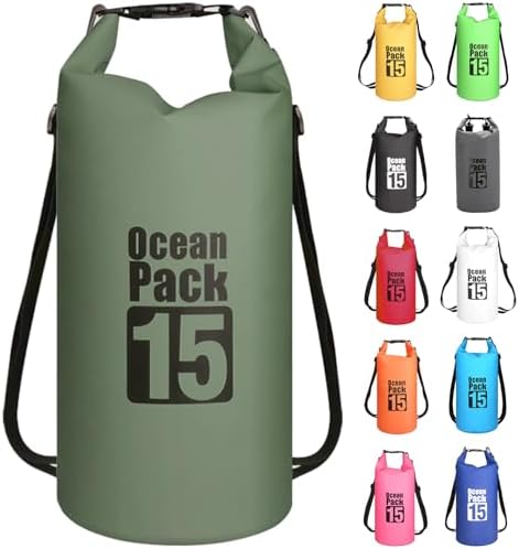 15L Waterproof Bag, Sage Green Waterproof Dry Bag Dry Bag with Adjustable Shoulder Strap, 2L/5L/10L/15L/20L/25/30L Dry Bag for Camping, Fishing, Rafting, Cycling
