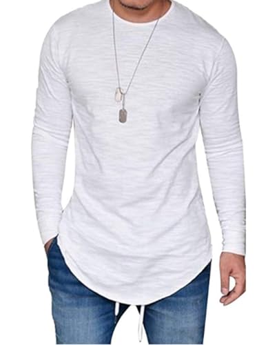 LIWEIKE Mens Hipster Hip Hop Longline Crewneck T-Shirt (White, X-Large)