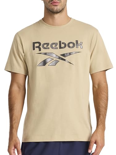 Reebok Men’s Black Metal Short Sleeve Crewneck T-Shirt, Standard Fit, Lightweight Cotton-Poly Fabric, Twill, Large