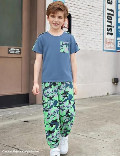 Image of mksodopy Boys Clothes Outfits Set, Camo Cargo Pants and Short Sleeve Pocket Tee 2PC Summer Tracksuit for Kids 5-16Y