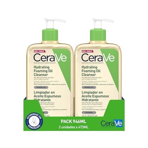 CeraVe Limpiador en Aceite Espumoso Hidratante 2x 473ml, Para Pieles Normales a Muy Secas con Tendencia Atópica, Para Rostro y Cuerpo, Limpia e Hidrata, Enriquecido con Ácido Hialurónico, 473ml
