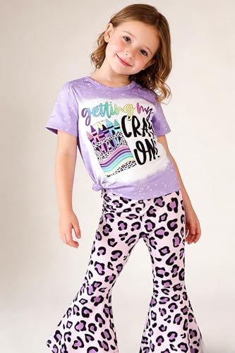 Image of Ayzozuy Kids Toddler Girl Clothes Letter Print Graphic Top + Leopard Print Flare Leg Pants 2PC Summer Clothing Set