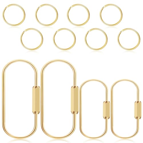 4Pcs Brass Screw Lock Keychains with 8 Flat Rings Gold Carabiner, Gold Key Ring Gold Keychain, Gold Keychain Clip Tool, Portable Car Decorations Aesthetic Brass Key Ring Suitable for Keys & Bags