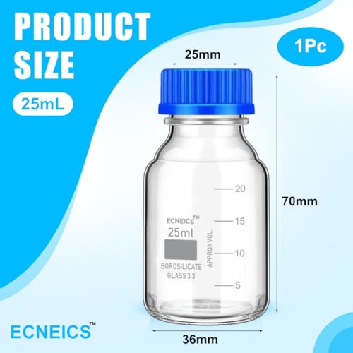 Image of Borosilicate Glass reagent bottle 25ml with leak proof Blue Screw Cap pack of 4 for glassware wide mouth chemical bottles for lab, laboratory, kitchen and professional use