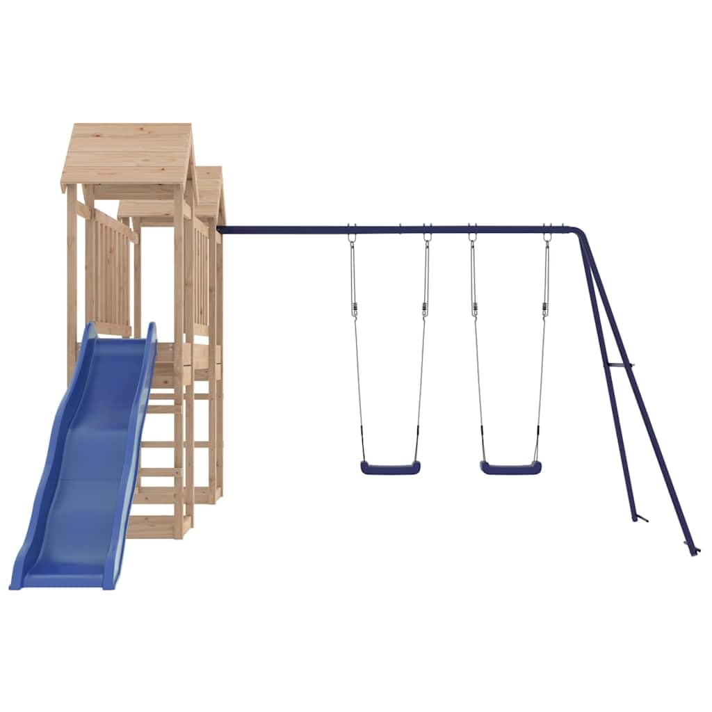 Wieża do zabawy z litego drewna sosnowego z mostkiem, zjeżdżalnią, podwójną huśtawką i piaskownicą, do ogrodu i na podwórko, platforma 90 cm, dla dzieci w wieku od 3 do 8 lat na zewnątrz
