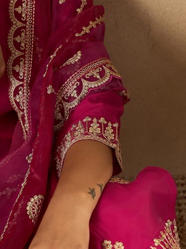 Image of INDO ERA Women's Silk Blend Embroidered Straight Kurta Pant with Dupatta (Iestr6307)