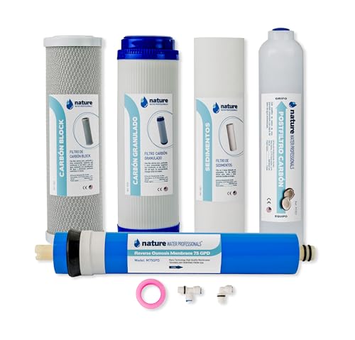 NATURE WATER PROFESIONALS Filtros universales de Repuesto para Osmosis Inversa de 5 Etapas, Membrana 75 GPD, con Accesorios de Instalación
