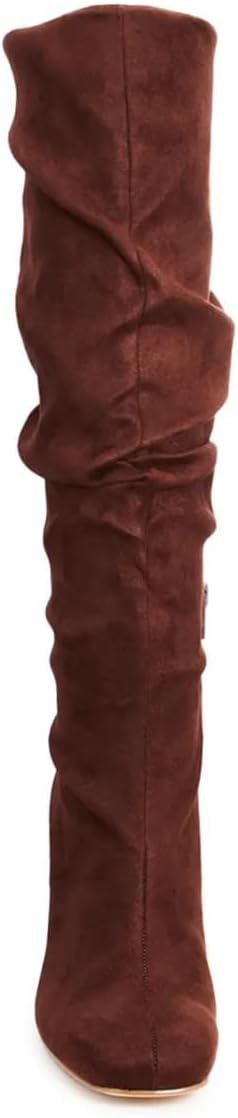 YDN Women Comfy Slouchy Wide Calf Knee High Boots High Block Heels Partial Side Zip Long Booties Retro Dating Outdoor Shoes Size 4-16 US