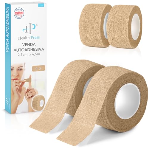 Health Press® Venda autoadhesiva para los dedos - 4 rollos beige (2,5 cm x 4,5 m) | Venda elástica para los dedos | Venda para los dedos resistente al polvo, la grasa y la suciedad