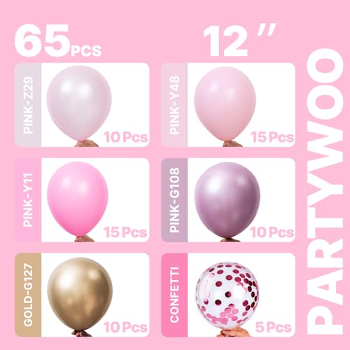 Image of PartyWoo Pink and Gold Balloons 65pcs 12 Inch Metallic Gold Pearl Matte Hot Light Pastel Pink Confetti Balloons for Gender Reveal Baby Shower Bridal Shower Princess Birthday Party Decorations