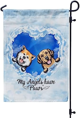 Personalized Pet Memorial Garden Flag For Dog My Angels Have Paws Angel Wings Cloudy Heart Custom Name Pet Sympathy Gifts Double Sided Outdoor Flag For Anniversary Pet Memorial Day