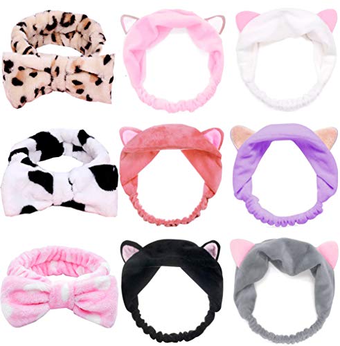 9 Pack Facial Bow Hair Band and Cat Ear Hairband, Washing Face Shower Headbands, Bowknot Makeup Hairbands, Beauty Lovely Spa Headbands for Women Girls Running Sport Washing Face Shower Spa Mask