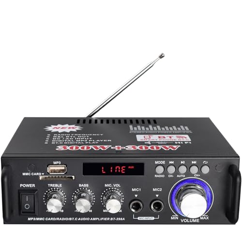PROZOR Amplificateur Audio Stéréo Bluetooth 300W + 300W Mini Amplificateur Audio Numérique HiFi Musique SD USB FM 12V / 220V avec Télécommande IR