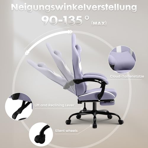 GTPLAYER Gaming Stuhl Bürostuhl Ergonomisch Gaming Sessel mit Kopfstütze und Cloud-Lendenkissen, Gepolstert Gaming Chair mit Fußstütze, Drehsessel,150kg Kapazität, Lila