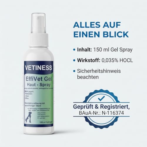 vetiness EffiVet Gel - Hautspray 150 ml für Hunde und Katzen - Reinigung und Desinfektion - Alternative zu Wundgel Katze und antiseptische Wundsalbe Hund