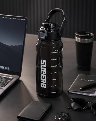 Image of Plastic Big Water Bottle 2 Liter with Straw Clear Motivational Time Marker Drink XL Jug with Handle for Sports Gym - Black