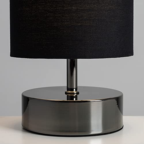 Pair of - Modern Black Chrome Touch Dimmer Bedside Table Lamps with Polycotton Black Light Shades