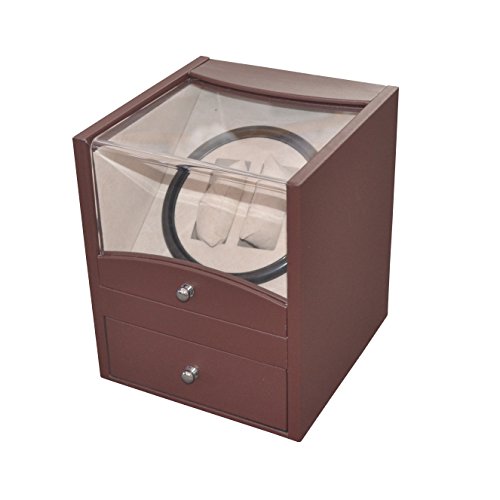 2+4 Brown Leather Dual/Double Watch Winder Box AC/DC & Battery Operated Automatic Rotation