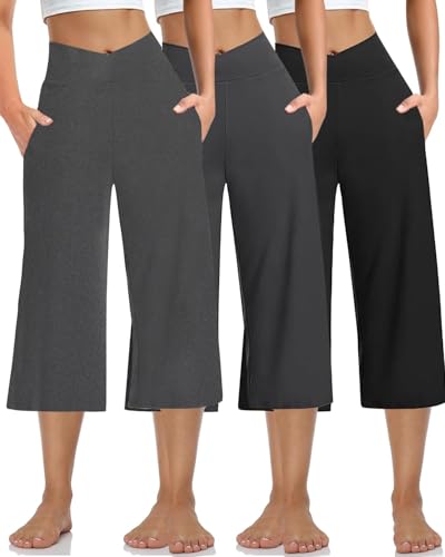 XFIFM 3 Pack Womens Wide Leg Yoga Pants Loose Soft Pajama Pockets Sweatpants?Capris Crossover High Waist Casual Capri