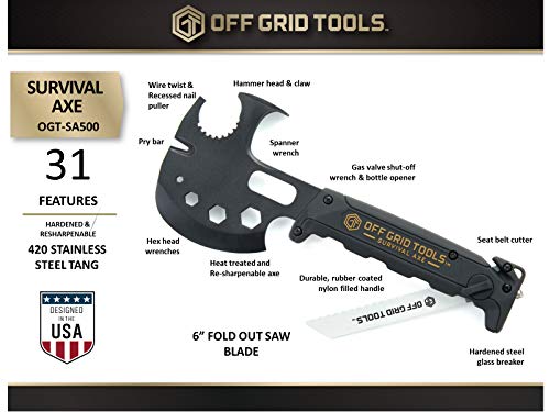 OFF GRID TOOLS Machado de Sobrevivência - Preto, Todo em Aço, Ferramenta Multiuso Definitiva para Us