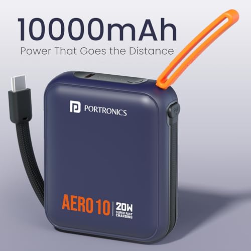 Image of Portronics Aero 10 10000 mAh 20W Fast Charging Mini Power Bank with Detachable Type C Cable, Type C PD Input /Output Port, LED Indicator, Wake Up Button, Strong Lanyard, Light Weight (Blue)