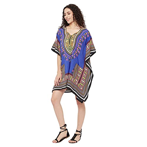 Vestido corto de caftán premium UKAL estampado azul con caída fluida y sofisticada 2