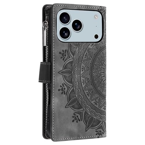 Étui iPhone 17 Pro Max avec béquille et poche zippée gris
