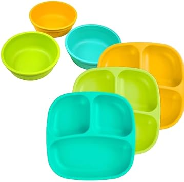 Re-Play Dinnerware Set for Toddlers 3 Deep-Walled Divided Compartment Plates and 3 Stackable Bowls for Snack and Everyday Dining Dishwasher/Microwave Safe Made in USA Aqua Asst