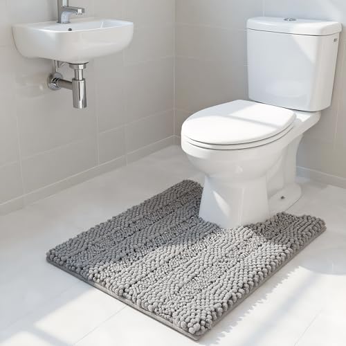 Makuru トイレマット U字型 洗える 滑り止め 吸水性 トイレマット 速乾 超高級マイクロファイバー シェニール ふわふわ 輪郭バスマット トイレベース用 ソフト 足拭き 洗面所 マット 大判 浴室 タオル地 抗菌 防カビ (グレー, 50×60cm