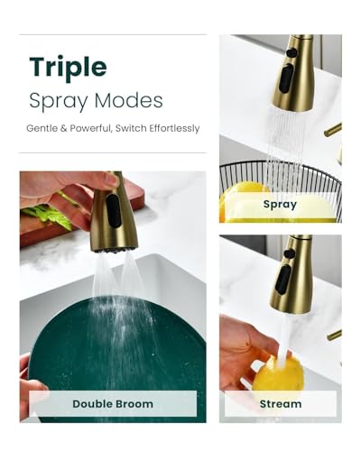 Image of APPASO 2 Handles 4 Hole Kitchen Faucet with Pull Down Sprayer Brushed Gold | Gold Kitchen Faucets with Soap Dispenser, Modern High Arc Stainless Steel for 3 & 4 Hole Sinks, Spot Free, Easy to Install