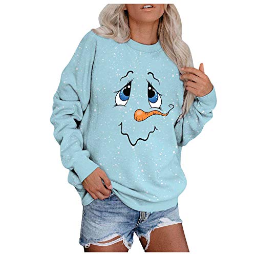 Lazzboy Damen Pullover Frauen Weihnachten Schneemann Sweatshirts Thermal Crewneck Sweatshirt Oberteil Tier Rentier Weihnachtsmann Langarmshirt Weihnachtspullover (Hellblau,L) Cover