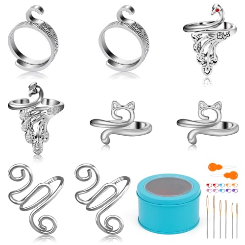 FOUSNOW 8 Pcs Crochet Ring, Adjustable Crochet Ring for Finger, Tension Rings Cat Yarn Guide Yarn Knitting Thimble, Faster Knitting Crocheting Accessories for Mother Grandma