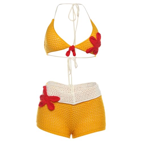 Women Sexy Two Piece Swimsuit Knitted Back Lace Up Halter Bikini Top and Shorts Set Bathing Suits4
