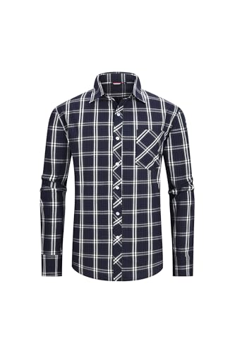 Image of JupiterSecret Men's Plaid Button Down Shirts Cotton Long Sleeve Dress Shirt Business Casual Shirts with Pocket Navy