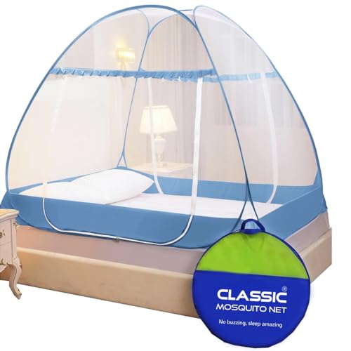 Image of Classic Mosquito Net Premium for King Size Bed | 30 GSM Polyester Fine Mesh | Foldable Pop Up Machardani for Double Bed | 360 Mosquito & Insect Protection | Washable & Reusable | Blue